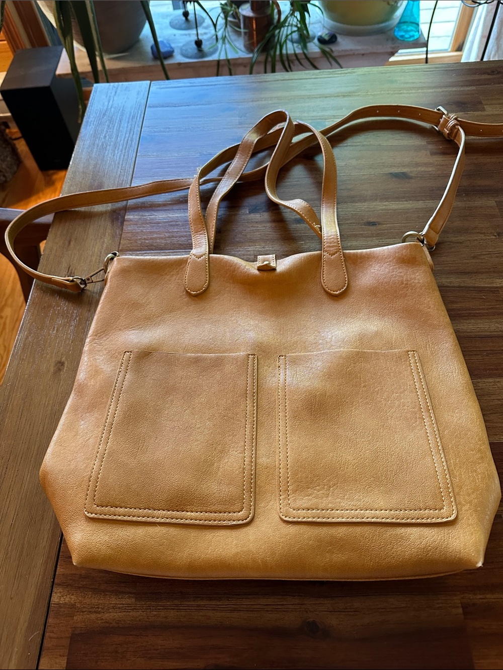 Antik Kraft Tan Leather-Look Tote with Front Patch Pockets